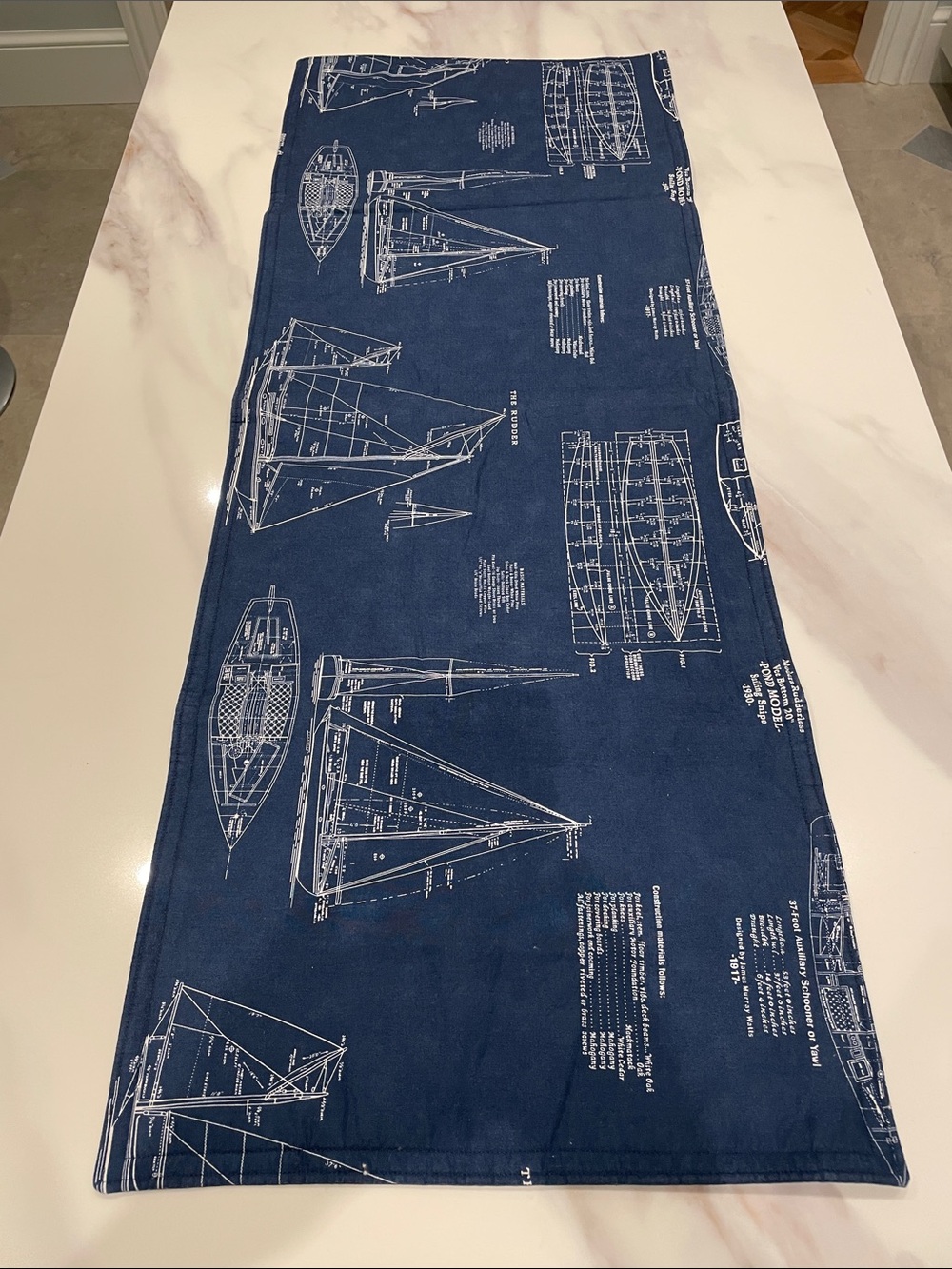 Nautical Blueprint Table Runner in Navy and White